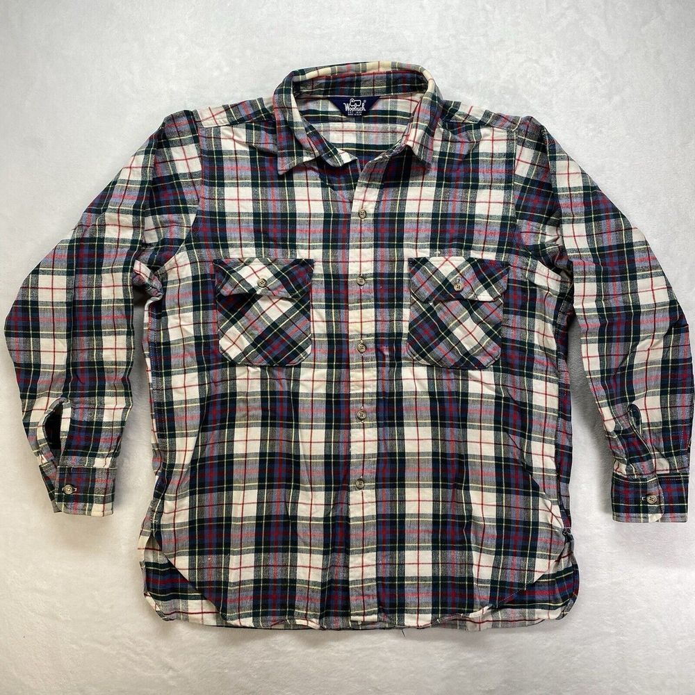 Woolrich Flannel Shirt Mens L Long Sleeve Plaid  Red Grey Black White Button‎ Up